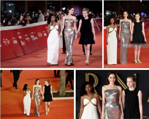 Angelina Jolie và hai con gái cùng nhau bước đi trên thảm đỏ LHP Rome.