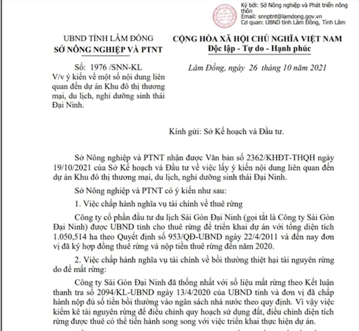 Ảnh: Văn bản số 1976/SNN-KL của Sở Nông nghiệp - Phát triển Nông thôn tỉnh Lâm Đồng. Ảnh: Văn bản số 1976/SNN-KL của Sở Nông nghiệp - Phát triển Nông thôn tỉnh Lâm Đồng.