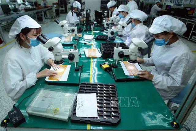 Sản xuất linh kiện điện tử tại công ty TNHH 4P (Văn Giang, Hưng Yên) có vốn đầu tư trong nước. Ảnh: Phạm Kiên/TTXVN
