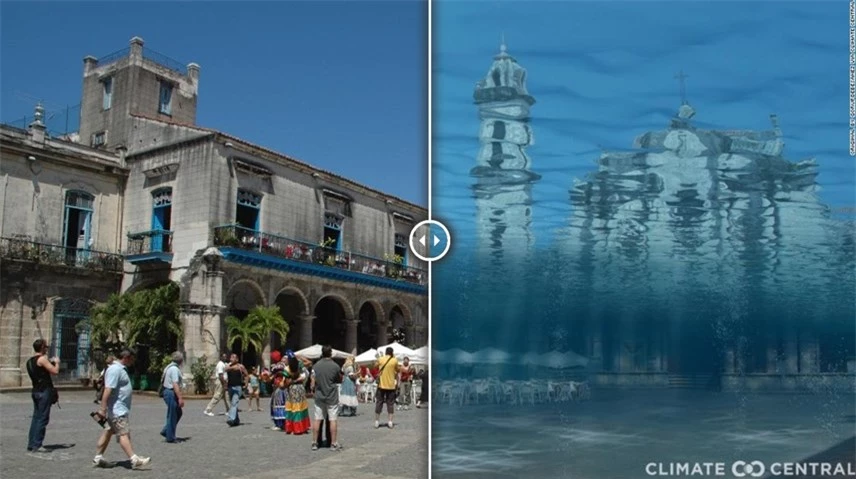 Hình ảnh Quảng trường Nhà thờ (Plaza de la Catedral) ở thủ đô Havana, Cuba khi mực nước biển dâng cao. Ảnh: CNN