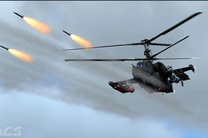 Ka-52 Alligator khai hỏa bằng tên lửa dẫn đường chống tăng Vikhr-1. Ảnh minh hoạ.