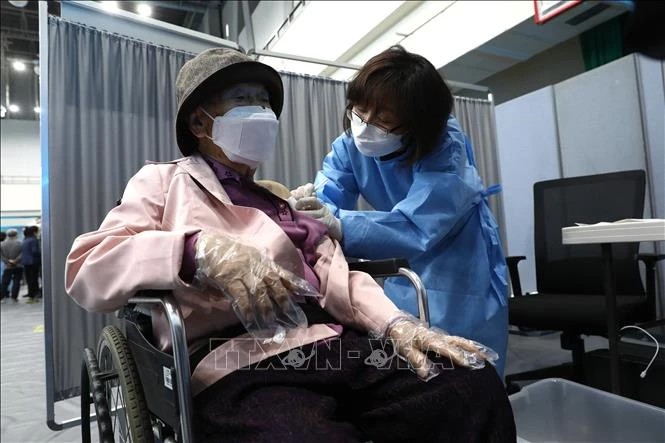 Tiêm vaccine ngừa COVID-19 cho người cao tuổi ở Seoul, Hàn Quốc. Ảnh: AFP/TTXVN