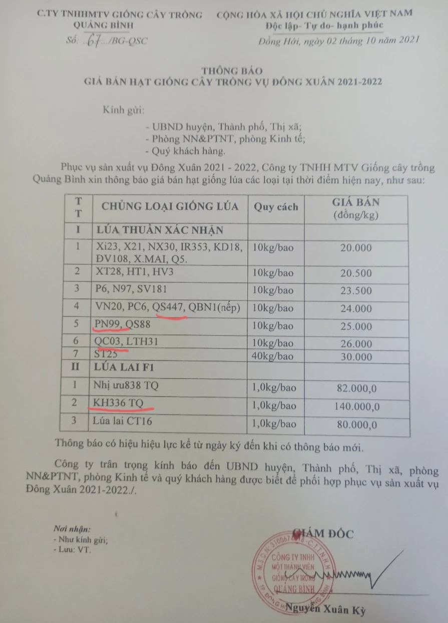Các giống lúa Phong Nha 99 (99), QC03, KH336 chưa được công nhận nhưng công ty TNHH MTV giống cây trồng Quảng Bình vẫn ra thông báo bán ra ngoài thị trường.