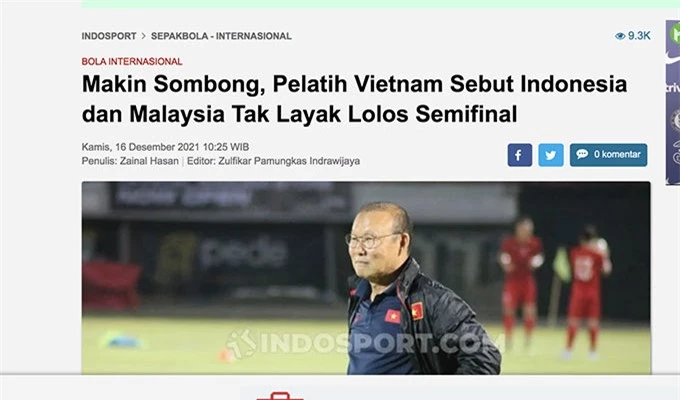 Tờ Indosport bịa đặt phát biểu của HLV Park Hang Seo 