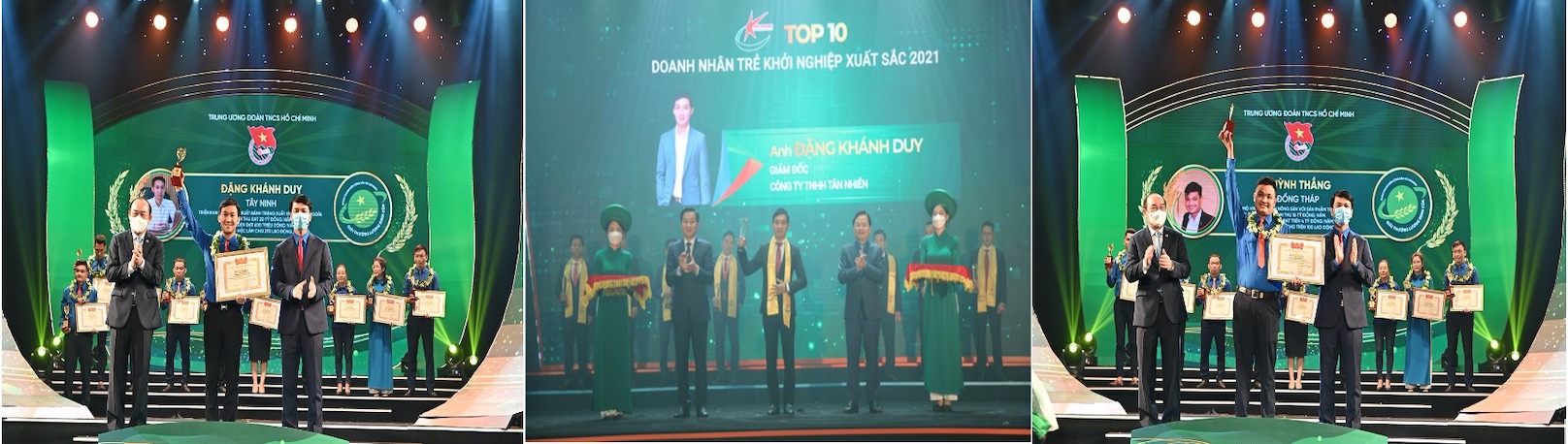 Anh Đặng Khánh Duy - Giám đốc Công ty TNHH Tân Nhiên (hình trái và giữa) và anh Huỳnh Thắng - Giám đốc Công ty TNHH MTV Huỳnh Thắng (hình phải) tự hứa sẽ tiếp tục phấn đấu để luôn xứng đáng với niềm vinh dự đã được trao.
