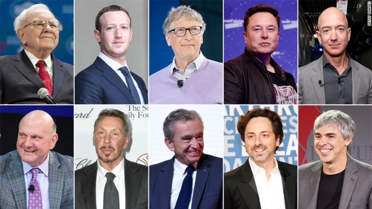 Các tỷ phú: Warren Buffett, Mark Zuckerberg, Bill Gates, Elon Musk, Jeff Bezos, Steve Ballmer, Larry Ellison, Bernard Arnault, Sergey Brin, Larry Page (ảnh từ trái qua phải, từ trên xuống dưới).