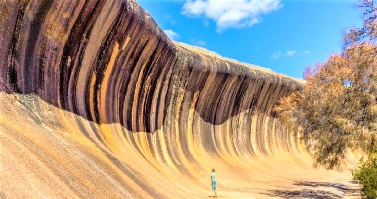 Đá hình sóng, Australia: Đá hình sóng trông giống như một con sóng biển cao, nằm gần thị trấn nhỏ Hyden, Perth, Australia và thổ dân bản địa gọi là cấu trúc “Kattar Kich”. Phần sóng của tảng đá cao 15m và dài 110m. Ngọn sóng là phần phía bắc của ngọn đồi có tên gọi là Hyden Rock.