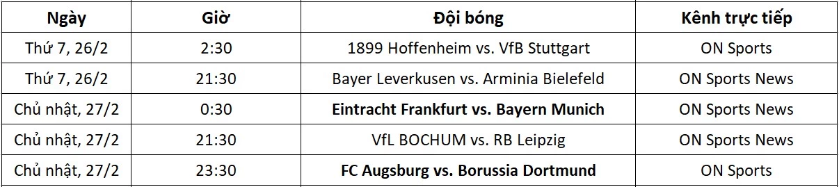 Lịch thi đấu và kênh trực tiếp Bundesliga vòng 24.