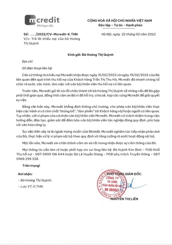 Thư xin lỗi của Mcredit gửi đến chị Quỳnh sau nhuwxngx ngày bị "khủng bố" tinh thần