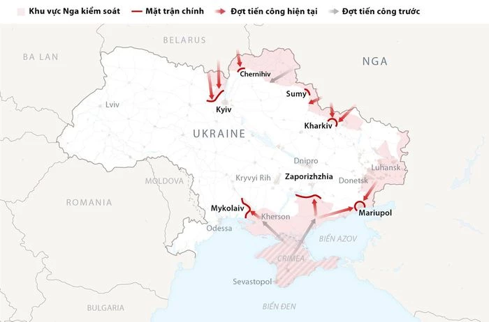 Khu vực Nga kiểm soát tính tới ngày 4/3 (giờ Việt Nam). Đồ họa: New York Times.