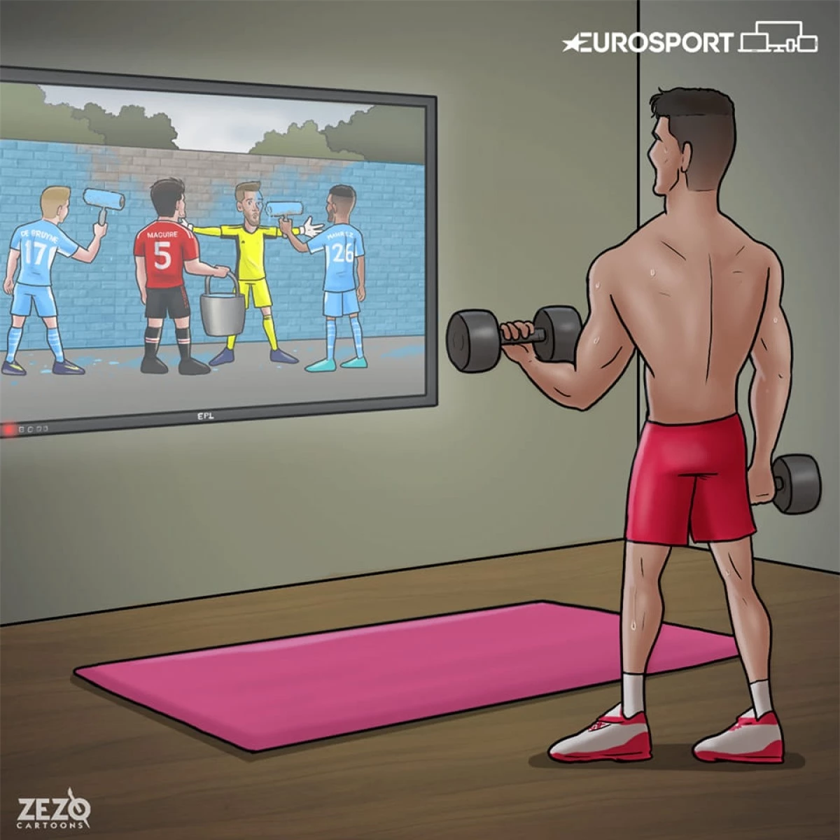 Cristiano Ronaldo nghĩ gì khi theo dõi màn trình diễn của MU trước Man City? (Ảnh: ZEZO Cartoons)