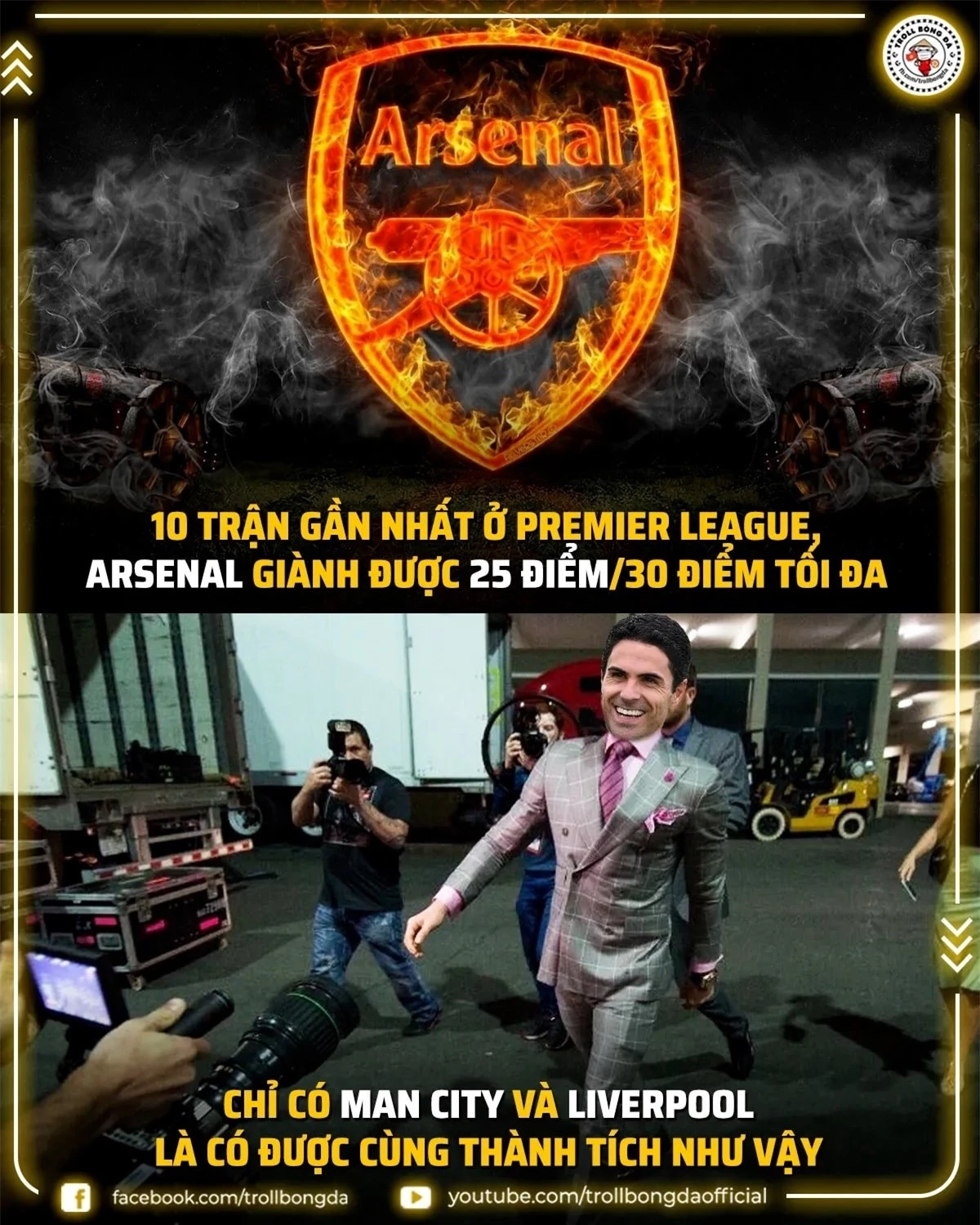 Arsenal đang sở hữu phong độ cao ở Ngoại hạng Anh. (Ảnh: Troll Bóng đá).