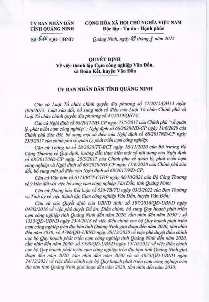 Quyết định của UBND tỉnh Quảng Ninh giao cho chủ đầu tư thực hiện là Công ty CP Phú Thịnh Vân Đồn.