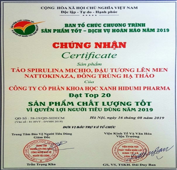  Chứng nhận Sản phẩm chất lượng tốt vì quyền lợi người tiêu dùng năm 2019.