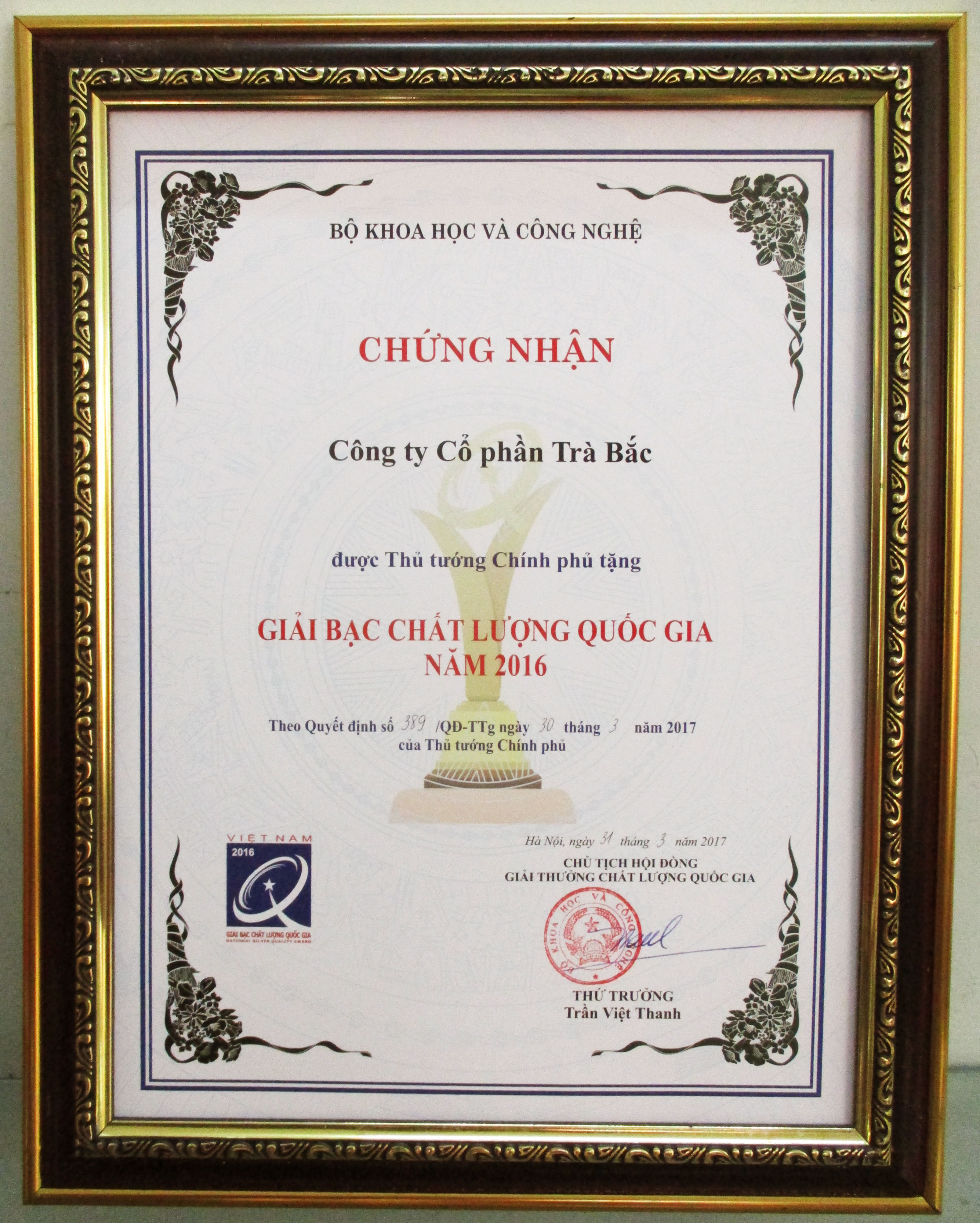 TRABACO vinh dự nhận giải Bạc Chất lượng Quốc gia.