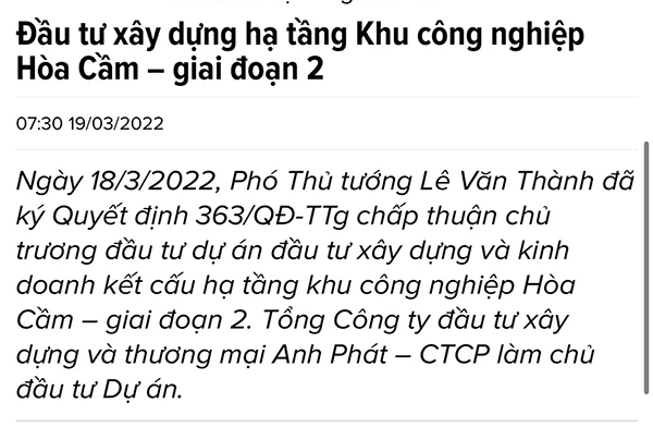 Việc một số báo, trang tin điện tử và trên mạng xã hội lan truyền thông tin Tổng Công ty đầu tư xây dựng và thương mại Anh Phát làm chủ đầu tư Dự án KCN Hòa Cầm giai đoạn 2 là không đúng sự thật