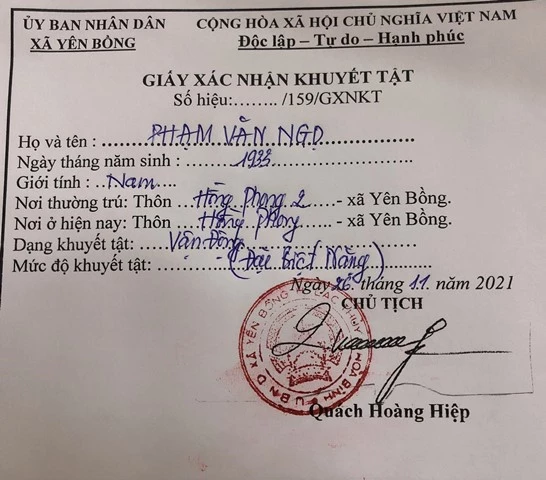 Giấy Xác nhận khuyết tật số 159/GXNKT được UBND xã Yên Bồng cấp vào ngày 26/11/2021