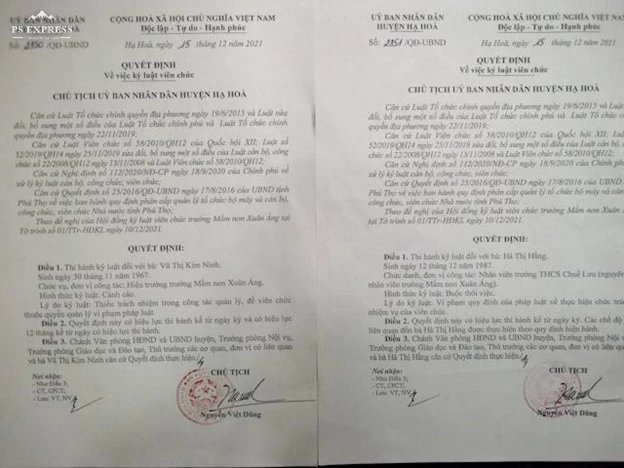 Quyết định kỷ luật viên chức của UBND huyện Hạ Hòa.