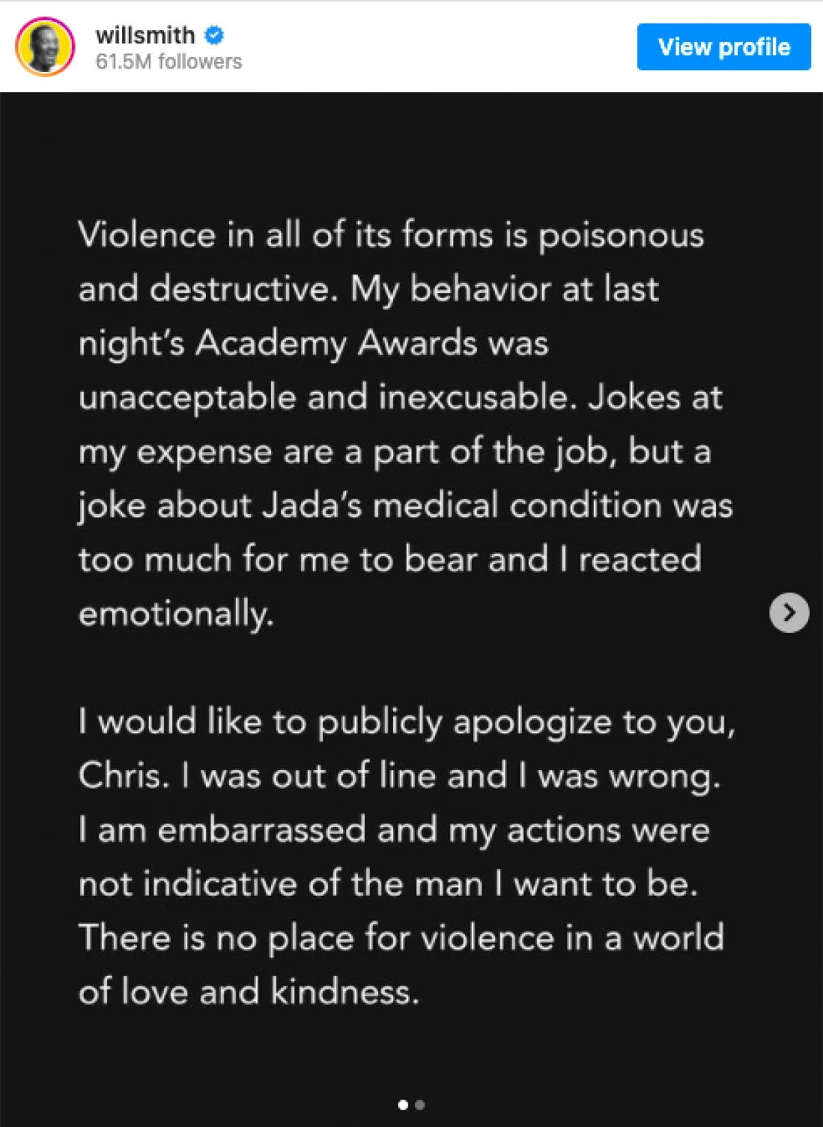 Tâm thư xin lỗi được Will Smith đăng tải trên trang cá nhân.