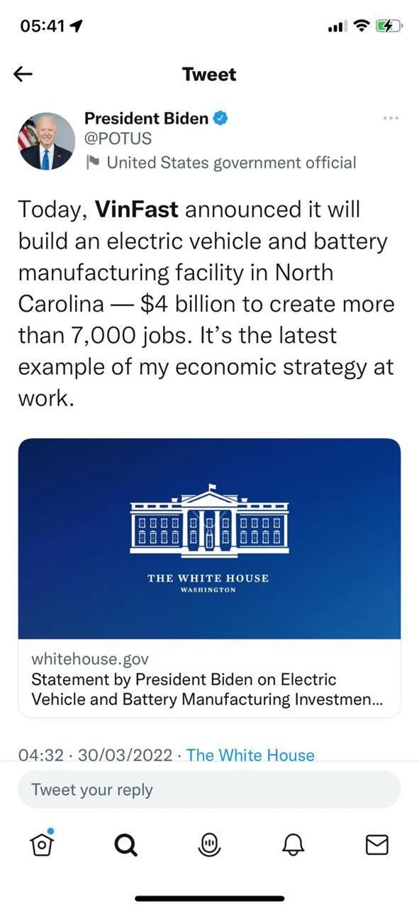 Tổng thống Mỹ Joe Biden chúc mừng VinFast xây nhà máy 4 tỷ USD tại Mỹ - Ảnh 1.