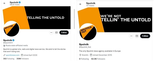 Tài khoản Sputnik thật (bên trái) và tài khoản Sputnik giả mạo