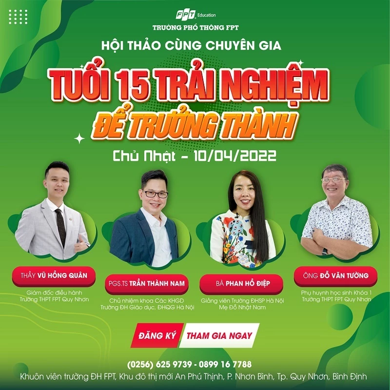 Hai chuyên gia hàng đầu sẽ tham gia  talkshow “Tuổi 15 trải nghiệm để trưởng thành” tại Trường THPT FPT Quy Nhơn.