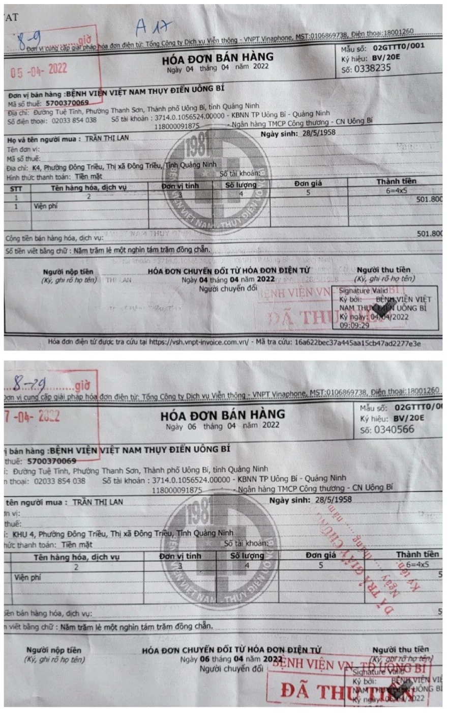 Điều kỳ lạ là cả 2 biên lai thu tiền xét nghiệm sàng lọc SARS-CoV-2 bằng Realtime RT-PCR của Bệnh viện Việt Nam – Thụy Điển Uông Bí ghi là thu tiền Viện phí.