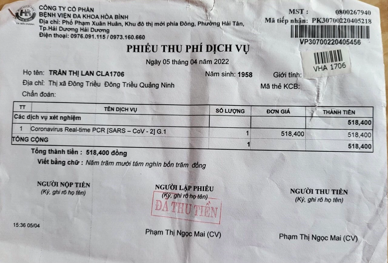 Phiếu thu tiền xét nghiệm sàng lọc SARS-CoV-2 bằng Realtime RT-PCR của Bệnh viện Đa khoa Hòa Bình