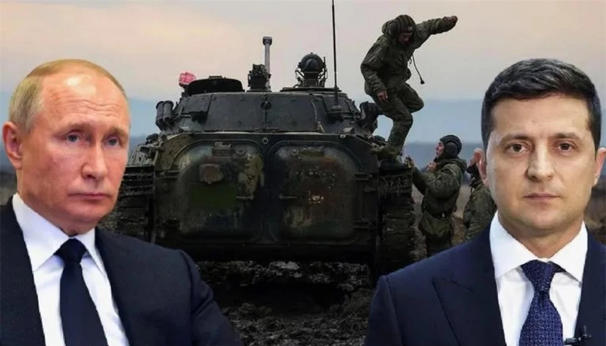 Tổng thống Putin (trái) và Tổng thống Zelensky ở 2 bên chiến tuyến trong cuộc xung đột quân sự Nga-Ukraine 2022. Ảnh: AP.