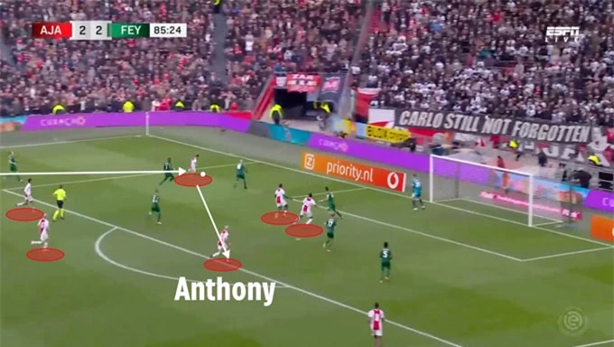 Ajax có 6 cầu thủ trong vòng cấm đối phương và tiền vệ cánh Anthony chịu khó xâm nhập khu cấm địa