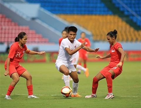 ĐT nữ Myanmar muốn tránh ĐT nữ Việt Nam tại bán kết nhưng thi đấu khá bế tắc trước Singapore. Ảnh: Phan Tùng