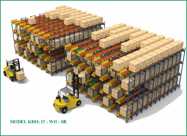 Nhà kho thông minh model IT-WH-SR chiều cao tối đa 12m, tải trọng 1500kg/pallet, tốc độ di chuyển 60m/phút; ứng dụng trong các ngành công nghiệp, logistics.