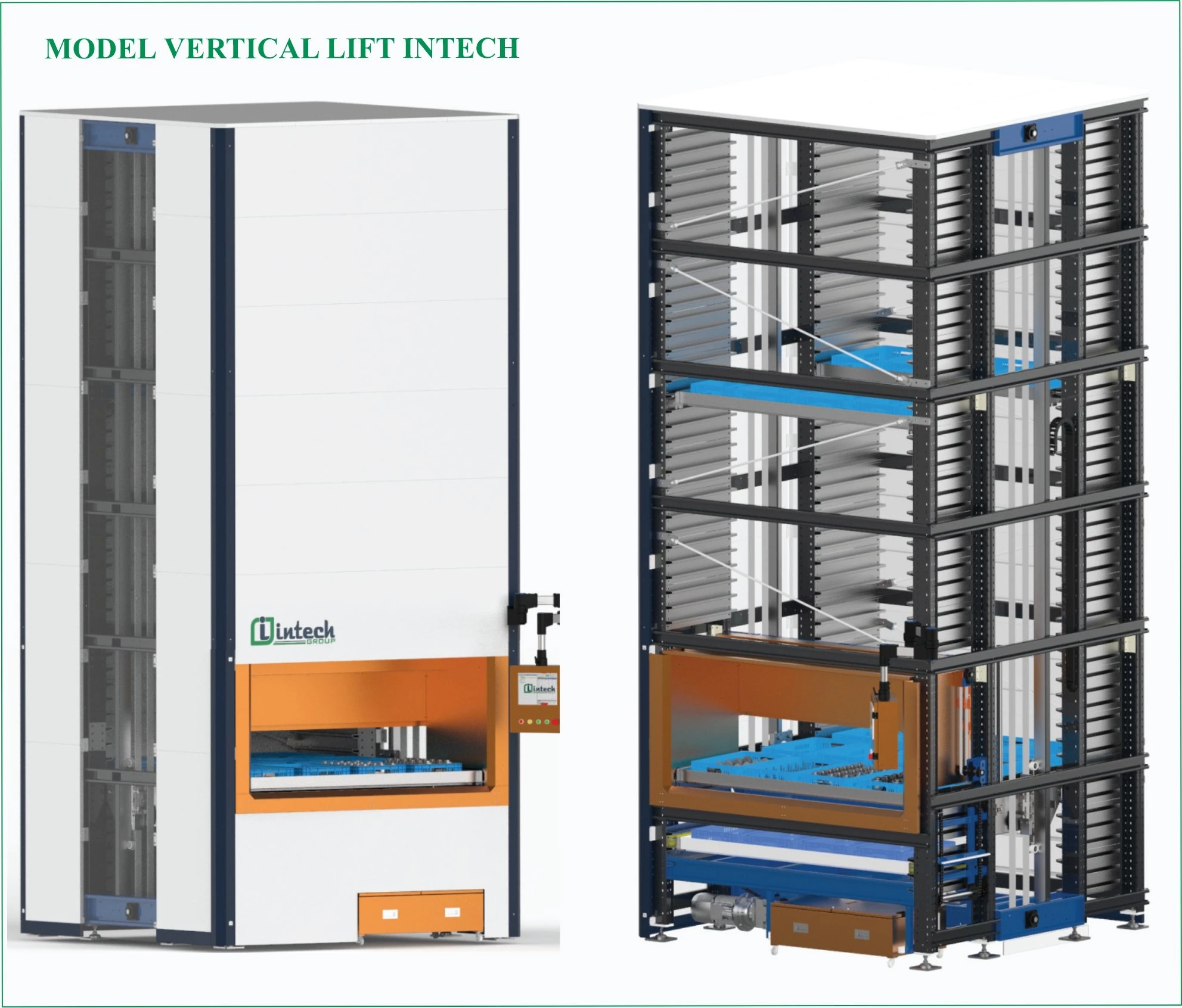 Nhà kho thông minh Model Vertical Lift Intech với chiều cao tối đa 8m, trọng tải mỗi khay 300kg, tốc độ di chuyển 60m/phút, ứng dụng trong ngành ô tô, điện, điện tử, dược phẩm, chế tạo.