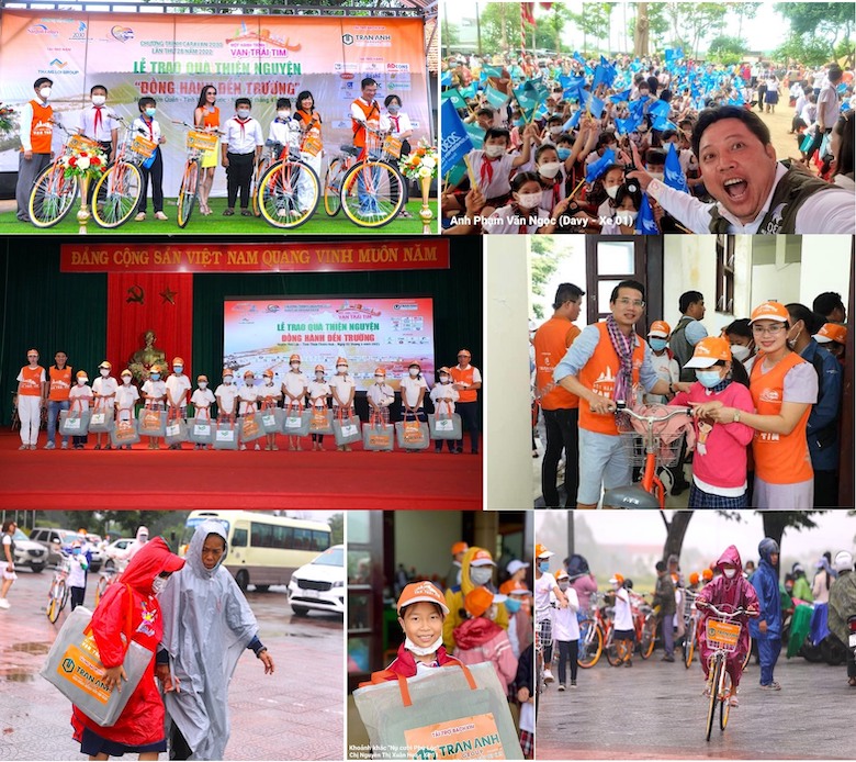 Thiếu nhi huyện Hớn Quản, tỉnh Bình Phước (hình trên cùng, bên trái) và trẻ em huyện Phú Lộc, tỉnh Thừa Thiên Huế hớn hở nhận quà cùng xe đạp từ CLB Doanh nhân 2030.