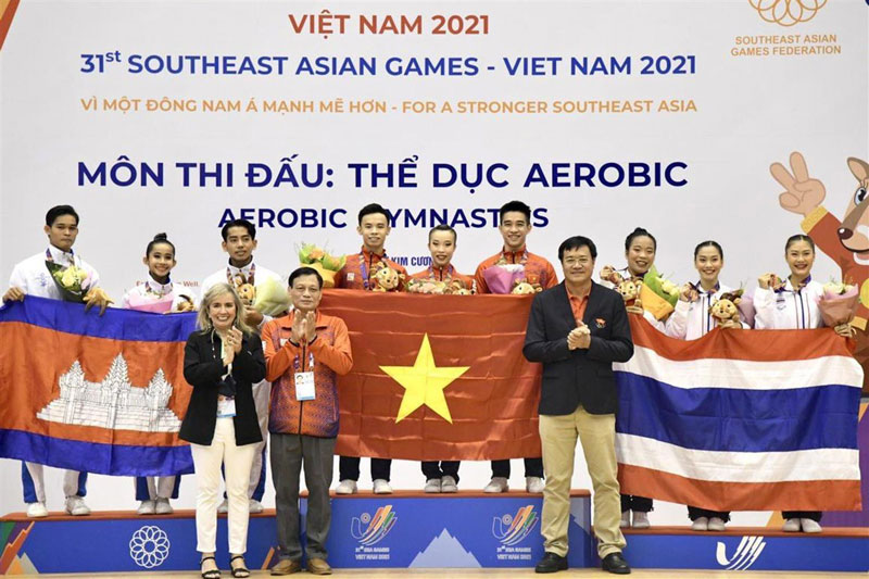 Tuyển Aerobic Việt Nam giành HCV nhóm 3 người trong ngày đầu ra quân tại SEA Games 31. Ảnh: BTC SEA Games 31.