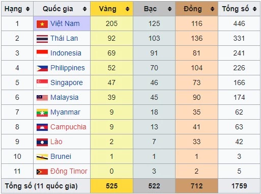 Bảng tổng sắp huy chương chung cuộc SEA Games 31. Ảnh: Wikipedia