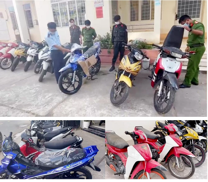 Lô xe gắn máy gồm 9 xe đã qua sử dụng, không rõ nguồn gốc trị giá gần 600 triệu đồng bị Công an huyện Phú Tân tạm giữ.