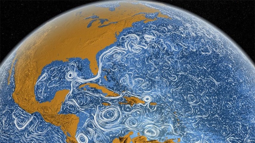 M&ocirc; tả của NASA về c&aacute;c d&ograve;ng chảy tr&ecirc;n bề mặt đại dương tr&ecirc;n khắp thế giới bao gồm hệ thống Gulf Stream đi từ vịnh Mexico đến T&acirc;y &Acirc;u.