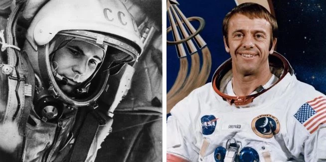 Hai phi hành gia huyền thoại của Liên Xô và Mỹ: Yuri Gagarin (trái, Liên Xô) và Alan Shepard (Mỹ).