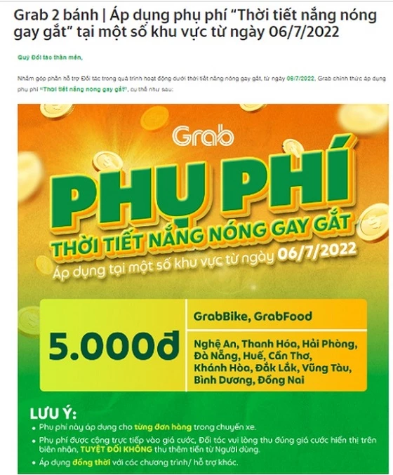 Grab thông báo thu thêm phụ phí "Thời tiết nắng nóng gay gắt" nhằm hỗ trợ các tài xế chạy xe hai bánh của hãng