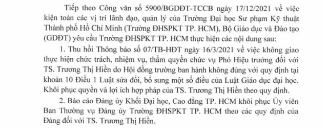 Một trong những văn bản của Bộ GD&ĐT chỉ đạo Trường ĐHSPKT khôi phục quyền Phó Hiệu trưởng cho bà Trương Thị Hiền