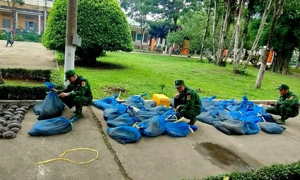 Cán bộ, chiến sĩ Đồn BPCK Long Bình kiểm tra tang vật vừa thu giữ.