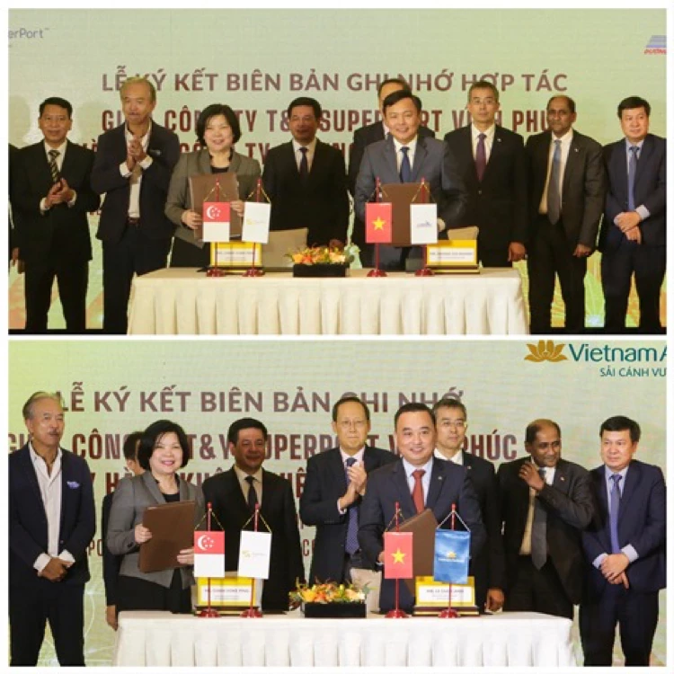 Đại diện lãnh đạo Công ty T&Y SuperPort Vĩnh Phúc ký biên bản ghi nhớ hợp tác với Vietnam Airlines và Tổng công ty Đường sắt Việt Nam.
