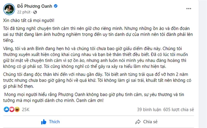 Phương Oanh lên tiếng: 'Tôi và anh Bình đang hẹn hò và chúng tôi chưa bao giờ giấu giếm điều này'
