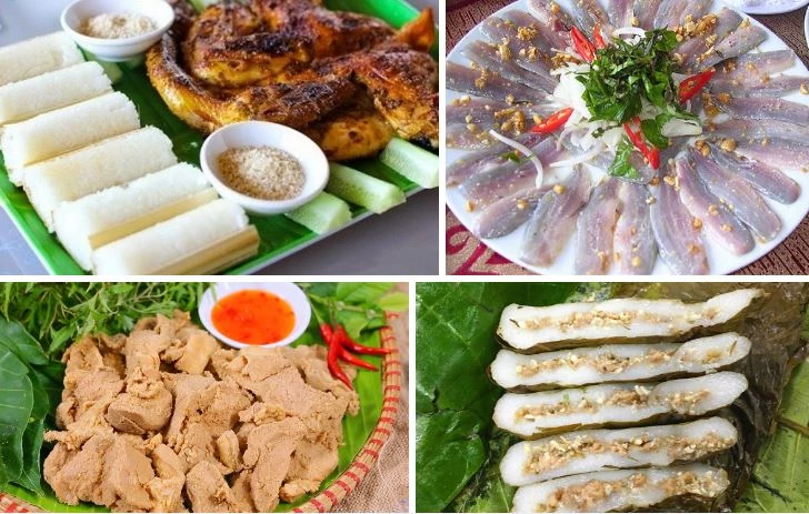 Lần lượt các món cơm lam, gỏi cá sông Lô, thịt lợn chua, bánh nếp nhân trứng kiến...