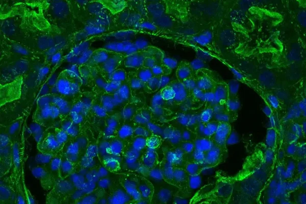 Kidney tissue from a pig after OrganEx treatment. The green stain shows cytoskeletal beta-actin, which appears more dimly if the cell is damaged.