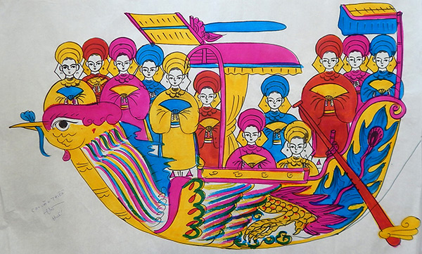 Tranh dân gian vẽ tay "Thuyền phượng 12 cô (đò 12 cô) của nghệ nhân Cao Văn Thiền (Huế) do nhà nghiên cứu, sưu tầm Nguyễn Thị Thu Hòa hiến tặng bảo tàng Mỹ thuật Đà Nẵng 