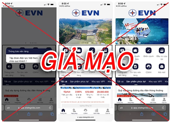 Trung tâm Chăm sóc khách hàng EVNCPC cảnh báo các trang web này giả mào thông tin EVN để lừa đảo