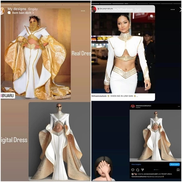 Tuy nhiên thiết kế này của cô bị tố "đạo nhái" mẫu đầm của thương hiệu Fatima Fashion đến từ Iran. Tuy nhiên chiếc váy của nàng Hậu có phần tay thiết kế gọn gàng hơn