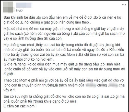 Chồng giúp vợ ở cữ giặt quần áo cho con, mẹ chồng thấy vậy buồn tủi bỏ về, dâu trẻ chán nản xin tư vấn